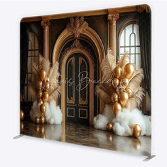 Lofaris Black and Gold Ornate Door Square Double-Sided Backdrop Elegant Feather Balloon Decor for Parties