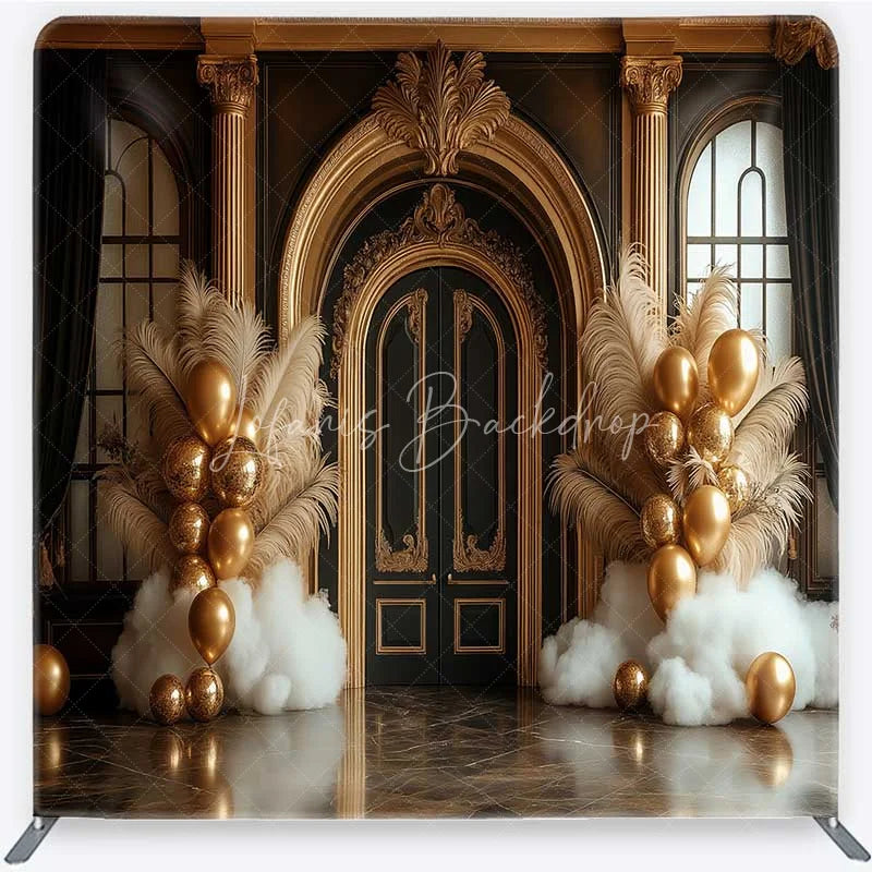 Lofaris Black and Gold Ornate Door Square Double-Sided Backdrop Elegant Feather Balloon Decor for Parties