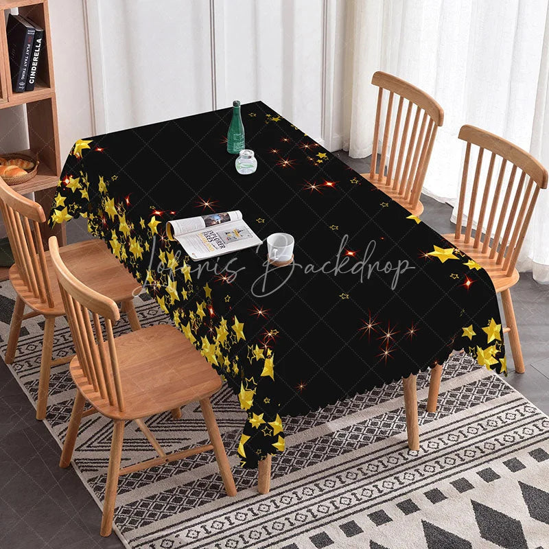 Lofaris Black and Gold Star Rectangle Tablecloth with Red Sparkles Elegant Festive Dinner Party Decor for Celebrations