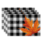 Lofaris Black and Gray Grid with Maple Leaves Set of 4 Placemats for Modern Moody Fall Autumn Decor