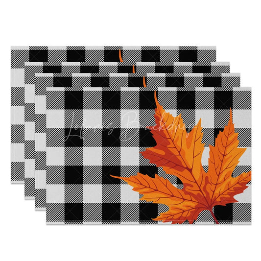 Lofaris Black and Gray Grid with Maple Leaves Set of 4 Placemats for Modern Moody Fall Autumn Decor