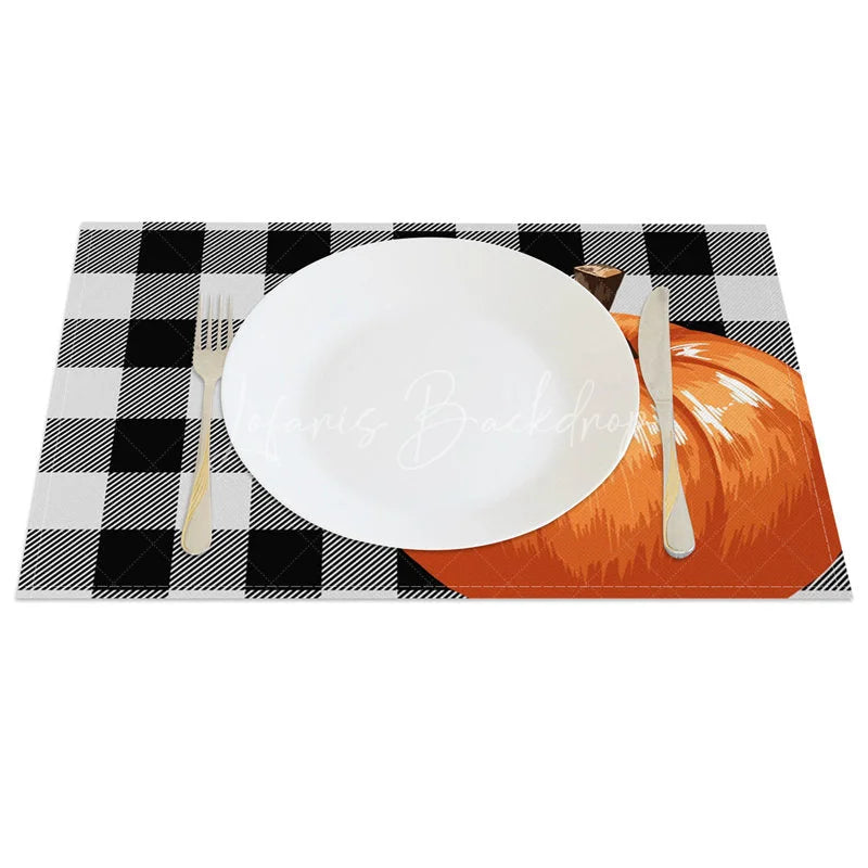 Lofaris Black and Gray Intersecting Grid with Pumpkins Set of 4 Placemats for Modern Farmhouse Fall Decor