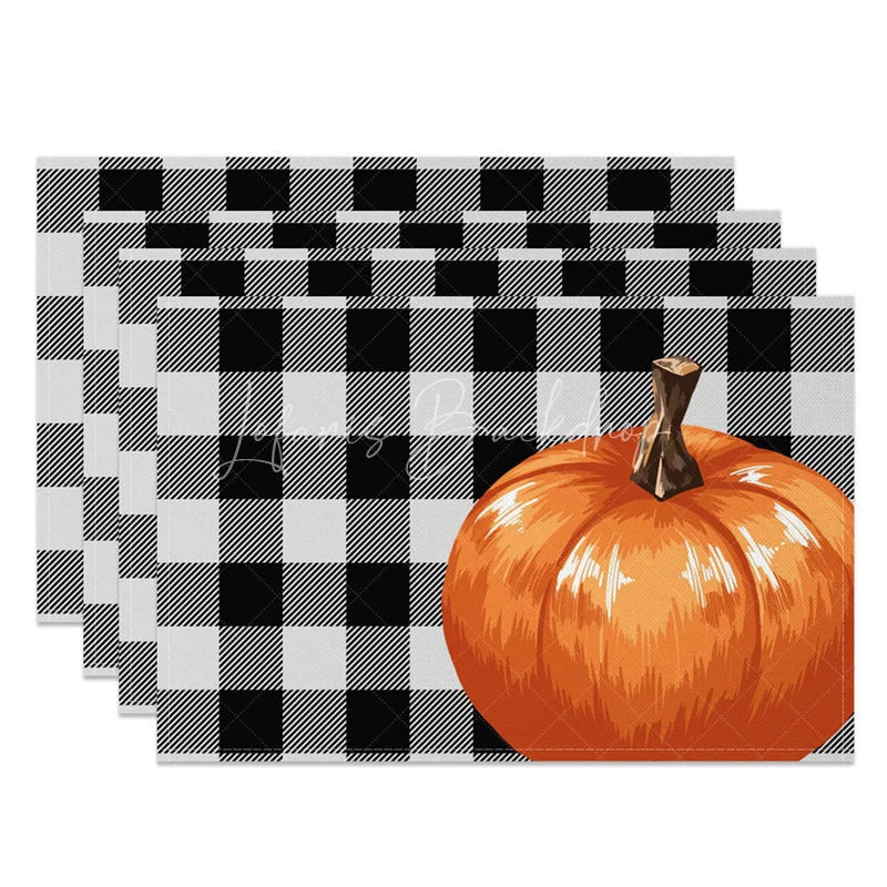 Lofaris Black and Gray Intersecting Grid with Pumpkins Set of 4 Placemats for Modern Farmhouse Fall Decor