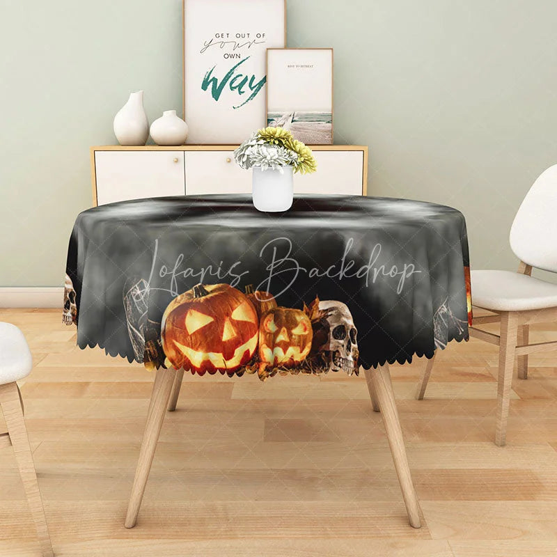 Lofaris Black and Gray Jack-o’-Lantern Halloween Round Tablecloth for Modern Spooky Monochromatic Decor
