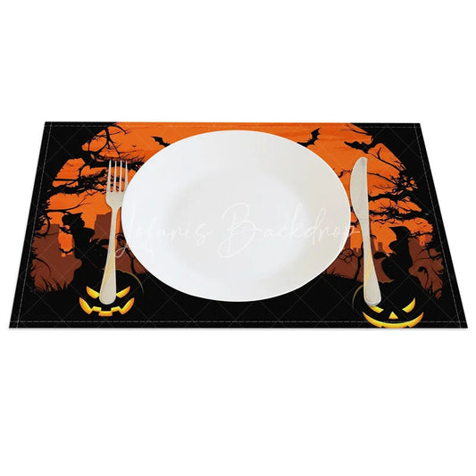 Lofaris Black and Orange Haunted Halloween Night Set of 4 Placemats for Spooky Festive Holiday Party Decor