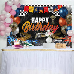 Lofaris Black and Orange Racing Car Happy Birthday Backdrop with Checkered Flag Trophy Balloons for Party