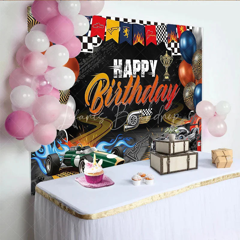 Lofaris Black and Orange Racing Car Happy Birthday Backdrop with Checkered Flag Trophy Balloons for Party