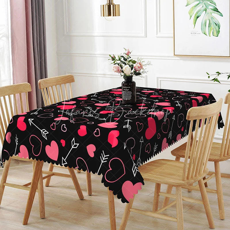 Lofaris Black and Pink Cupid Arrow Rectangle Tablecloth Romantic Heart Love Pattern Valentine Anniversary Dining Decor
