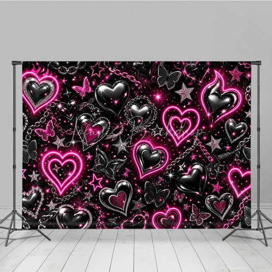 Lofaris Black and Pink Neon Y2K Glowing Heart Chain Holiday Backdrop Edgy Sparkling Butterfly Celebration Party Decor