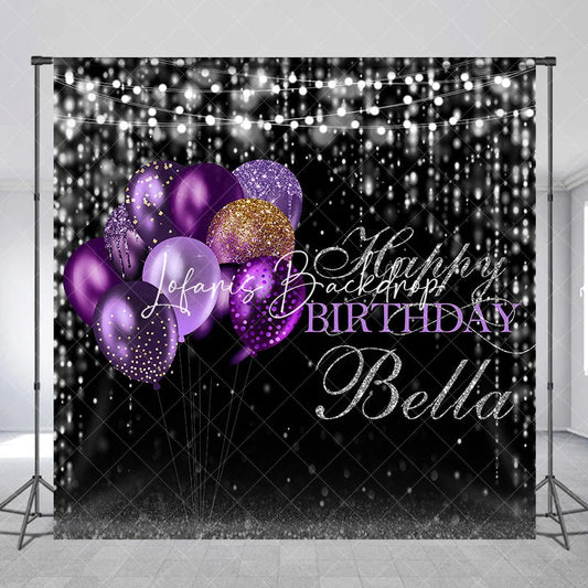 Lofaris Black and Purple Gold Glitter Balloons Happy Birthday Custom Backdrop Elegant Sparkling Celebration Party Decor