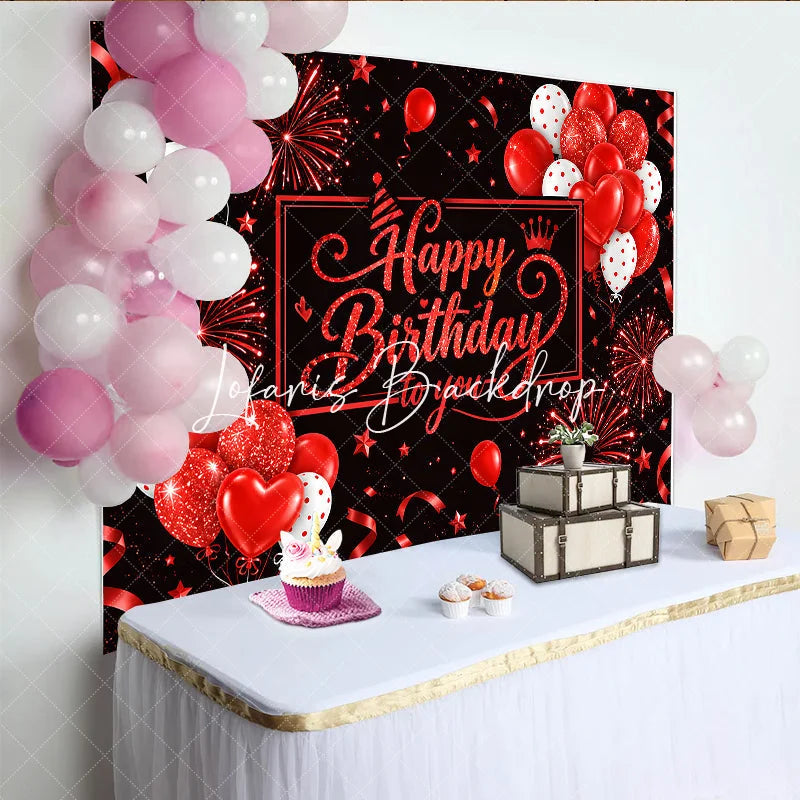 Lofaris Black and Red Glitter Happy Birthday to you Backdrop with Balloons Stars Ribbons for Festive Party Decor.