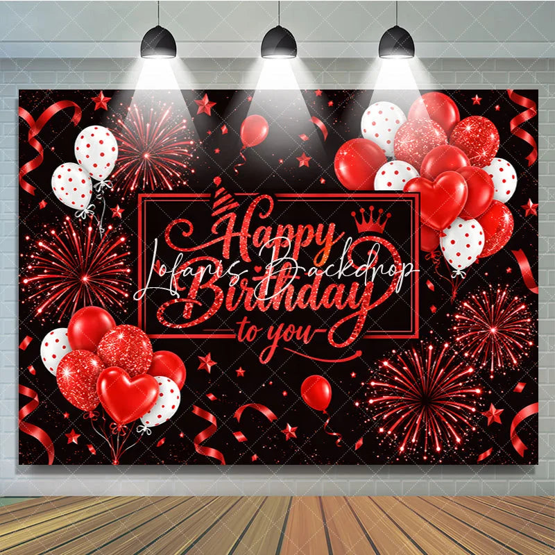 Lofaris Black and Red Glitter Happy Birthday to you Backdrop with Balloons Stars Ribbons for Festive Party Decor.