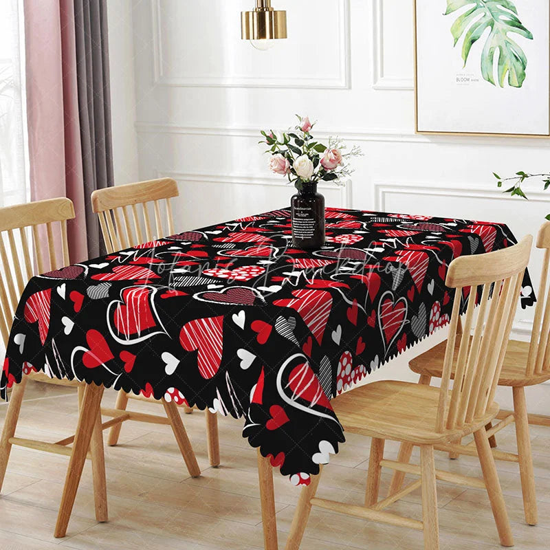 Lofaris Black and Red Scribble Heart Rectangle Tablecloth Hand Drawn Love Doodle Pattern Artistic Valentine Party Decor