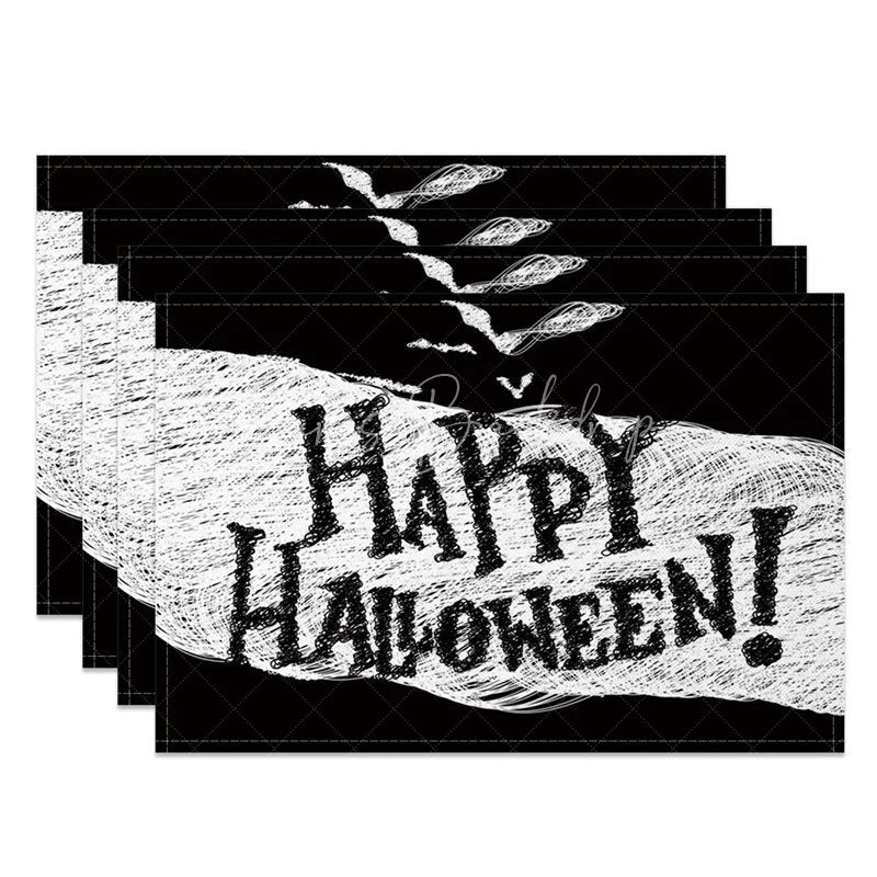 Lofaris Black and White Bat Halloween Set of 4 Placemats for Modern Gothic Spooky Party Decorations