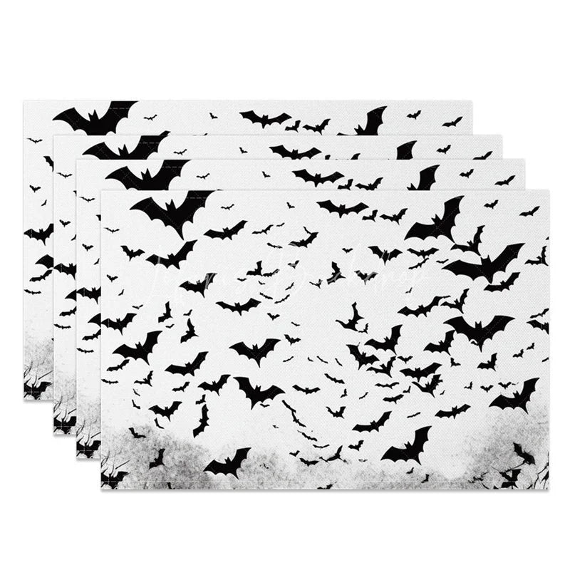 Lofaris Black and White Bat Halloween Style Set of 4 Placemats for Modern Gothic Spooky Decorations