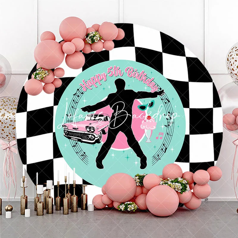 Lofaris Black and White Checkered 1950s Rock Roll Happy 5th Birthday Round Backdrop Retro Car Milkshake Party Decor