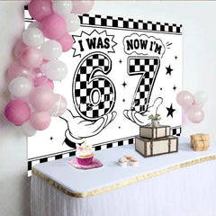 Lofaris Black and White Checkered Now 7th Birthday Backdrop Retro Cartoon Style Party Decoration