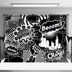 Lofaris Black and White Comic Book City Backdrop Superhero Action Words Wham Boom Crash Party Banner