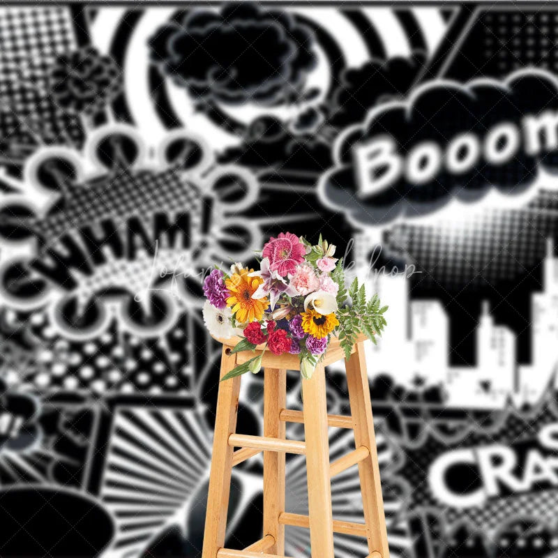 Lofaris Black and White Comic Book City Backdrop Superhero Action Words Wham Boom Crash Party Banner