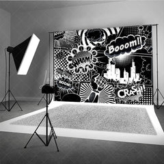 Lofaris Black and White Comic Book City Backdrop Superhero Action Words Wham Boom Crash Party Banner