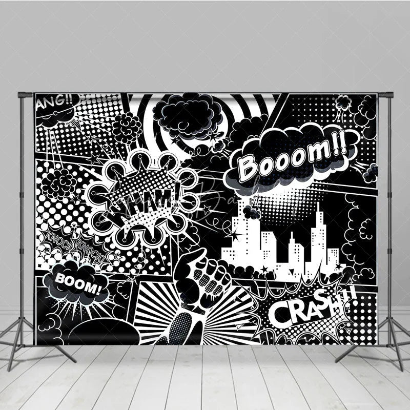 Lofaris Black and White Comic Book City Backdrop Superhero Action Words Wham Boom Crash Party Banner