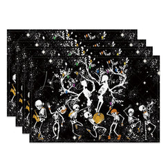 Lofaris Black and White Dancing Skeletons Halloween Set of 4 Placemats for Funny Spooky Party Decorations