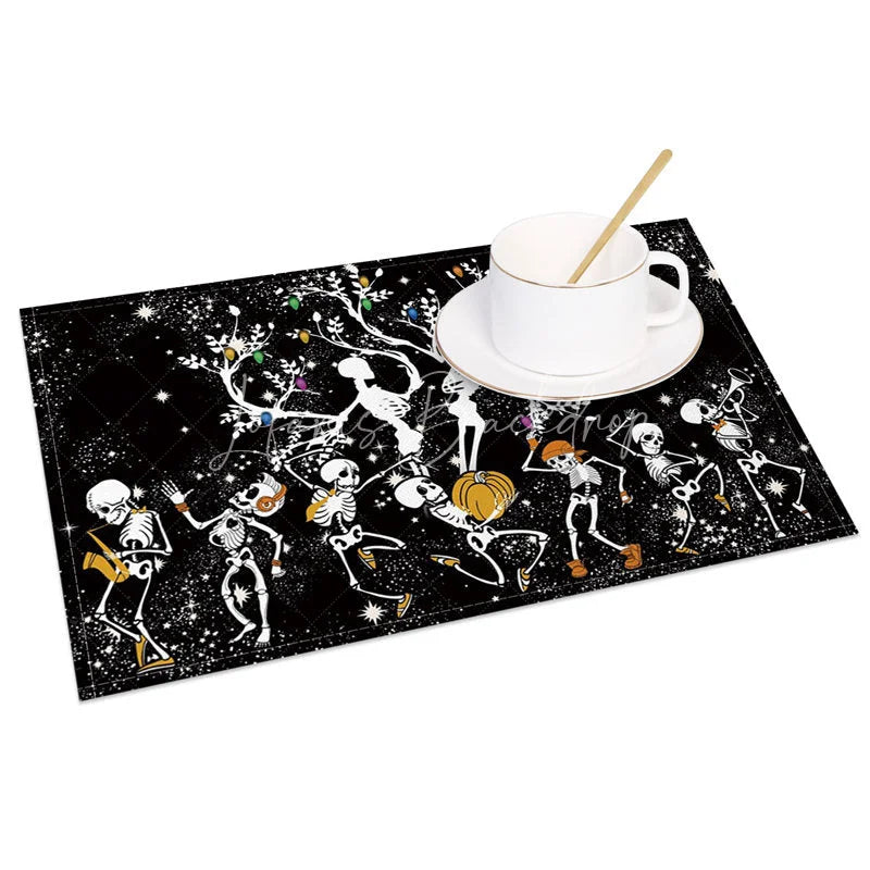 Lofaris Black and White Dancing Skeletons Halloween Set of 4 Placemats for Funny Spooky Party Decorations