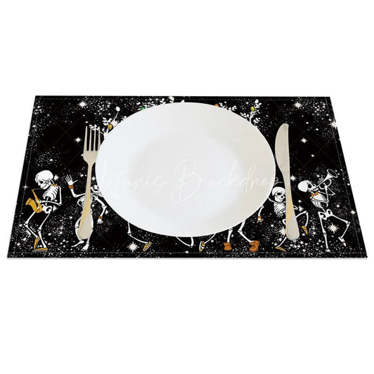 Lofaris Black and White Dancing Skeletons Halloween Set of 4 Placemats for Funny Spooky Party Decorations