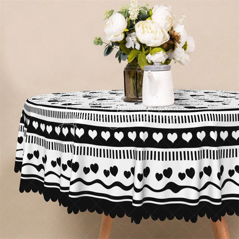 Lofaris Black and White Doodle Heart Round Tablecloth Sketch Wing Love Pattern Table Cover for Dining