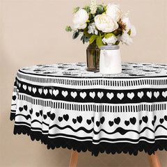Lofaris Black and White Doodle Heart Round Tablecloth Sketch Wing Love Pattern Table Cover for Dining