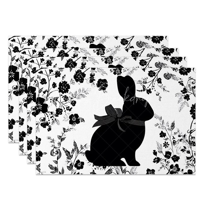 Lofaris Black and White Easter Bunny Set of 4 Placemats Floral Silhouette Rabbit Table Mats for Spring