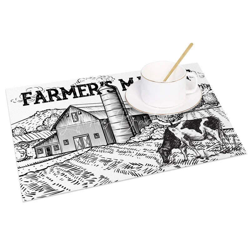 Lofaris Black and White Farm Scene Style Set of 4 Placemats for Rustic Country Modern Farmhouse Kitchen Decor