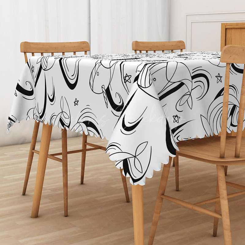 Lofaris Black and White Fish Totem Tablecloth for Modern Coastal Nautical or Minimalist Dining Decor