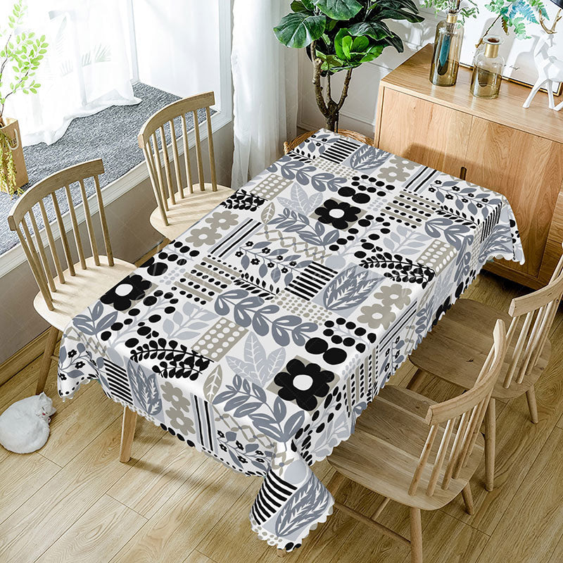 Lofaris Black and White Floral Leaf Rectangle Tablecloth for Modern Botanical Minimalist Dining Decor