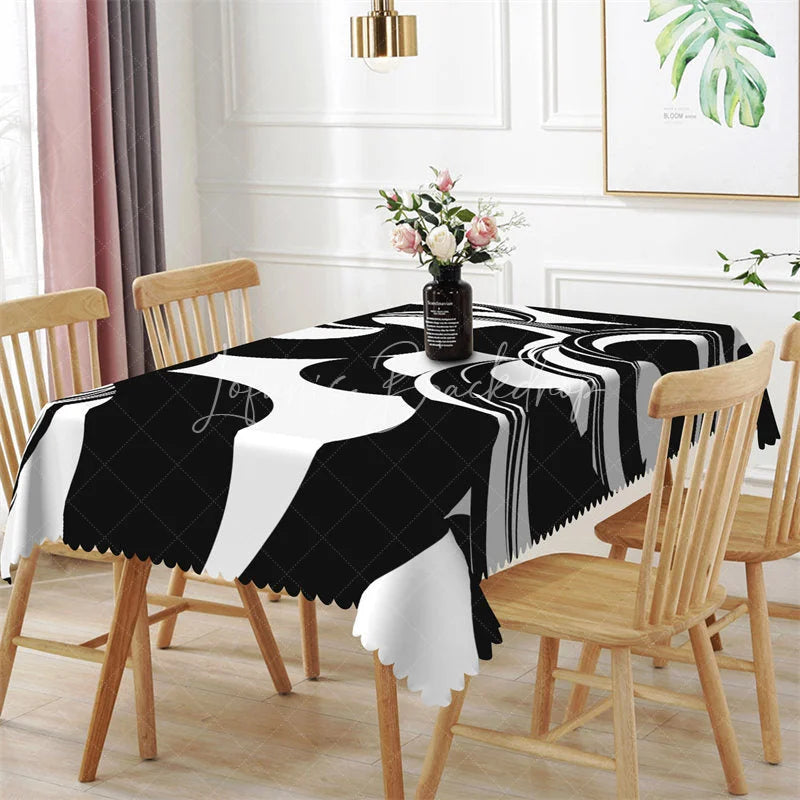 Lofaris Black and White Geometric Crescent Rectangle Tablecloth Abstract Curved Shape Modern Table Cover