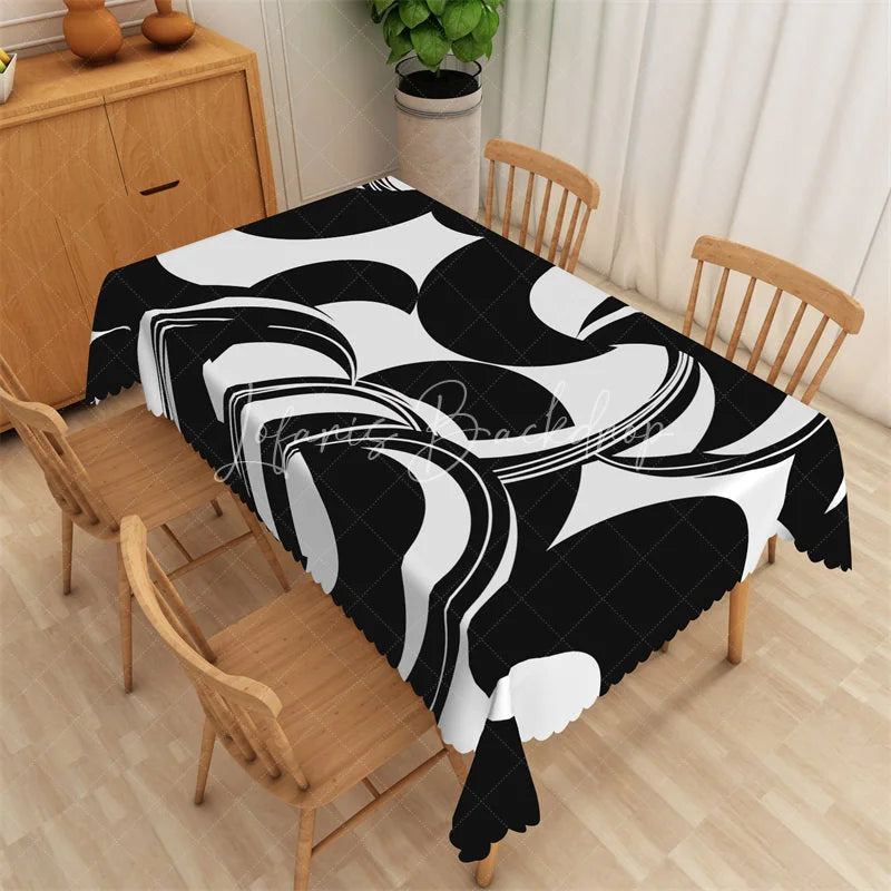 Lofaris Black and White Geometric Crescent Rectangle Tablecloth Abstract Curved Shape Modern Table Cover