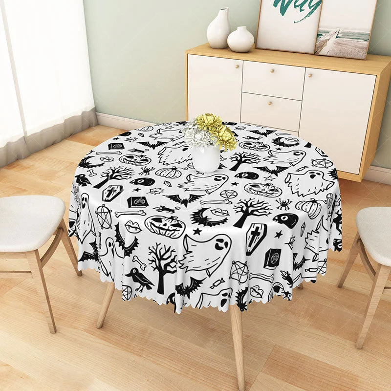 Lofaris Black and White Halloween Round Tablecloth with Cute Ghost Pattern for Modern Spooky Party Decor