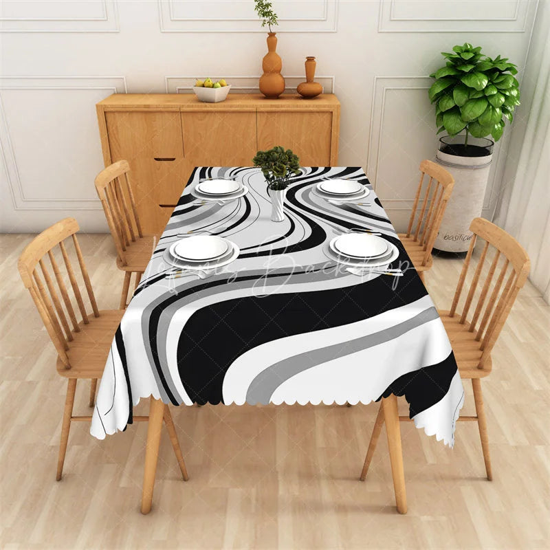 Lofaris Black and White Liquid Swirl Rectangle Tablecloth Grey Abstract Flowing Marble Table Cover Decor