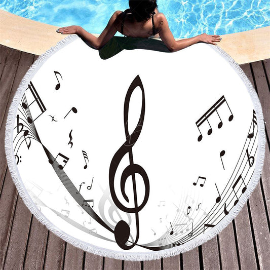 Lofaris Black And White Musician Notes Round Beach Towel