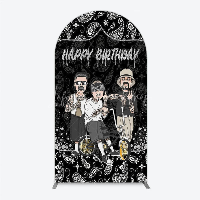 Lofaris Black and White Paisley Happy Birthday Arch Backdrop Kit Urban Chicano Style Party Decor for Men