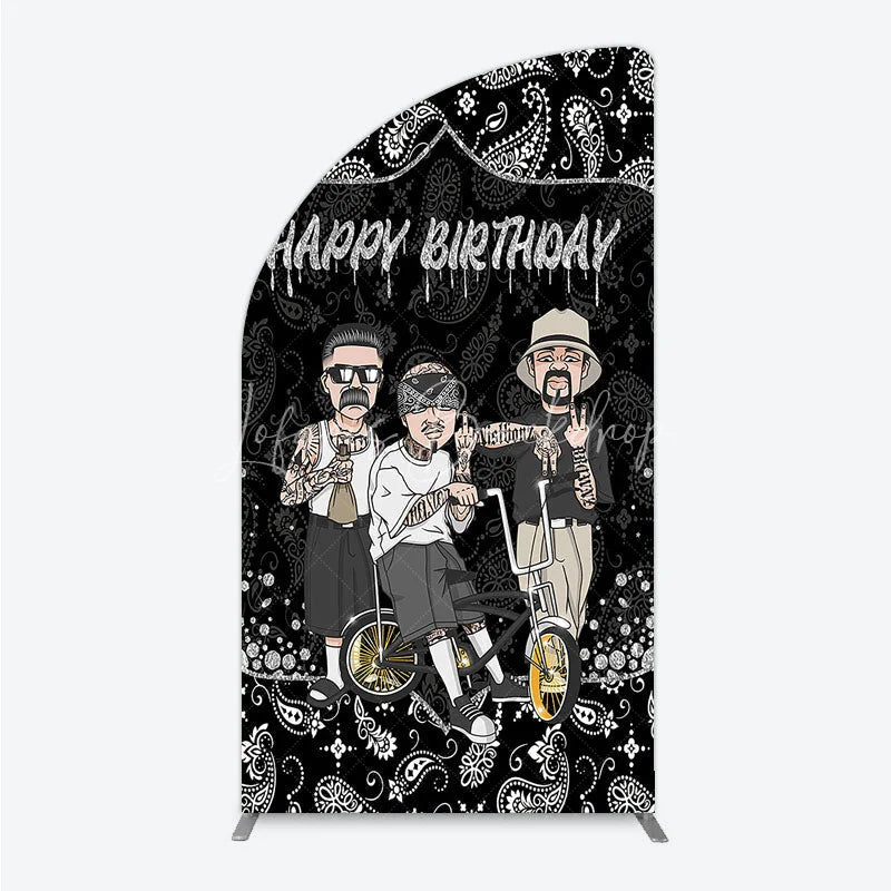 Lofaris Black and White Paisley Happy Birthday Half Moon Arch Backdrop Kit Urban Chicano Style Party Decor for Men