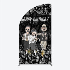 Lofaris Black and White Paisley Happy Birthday Half Moon Arch Backdrop Kit Urban Chicano Style Party Decor for Men