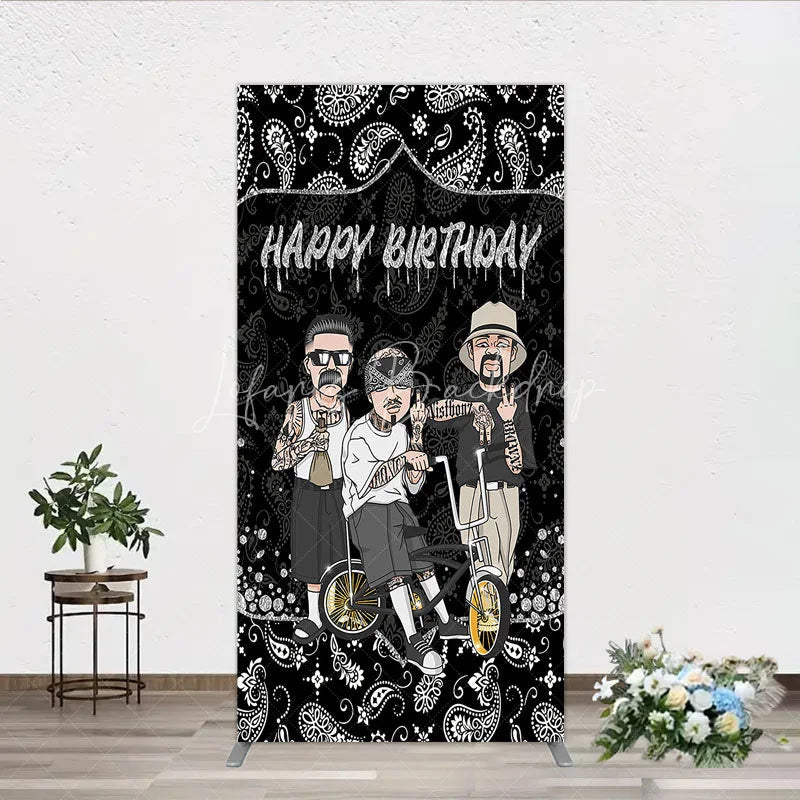 Lofaris Black and White Paisley Happy Birthday Rectangle Backdrop Kit Urban Chicano Style Party Decor for Men