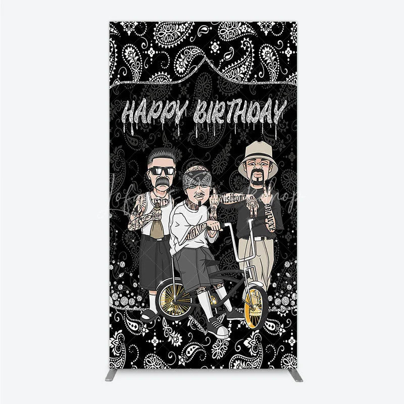 Lofaris Black and White Paisley Happy Birthday Rectangle Backdrop Kit Urban Chicano Style Party Decor for Men