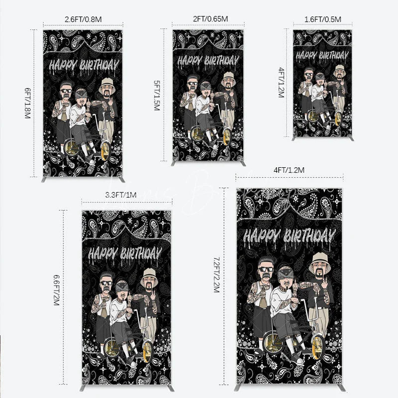 Lofaris Black and White Paisley Happy Birthday Rectangle Backdrop Kit Urban Chicano Style Party Decor for Men