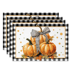 Lofaris Black and White Plaid Pumpkin with Bow Set of 4 Placemats for Farmhouse Fall Thanksgiving Decor