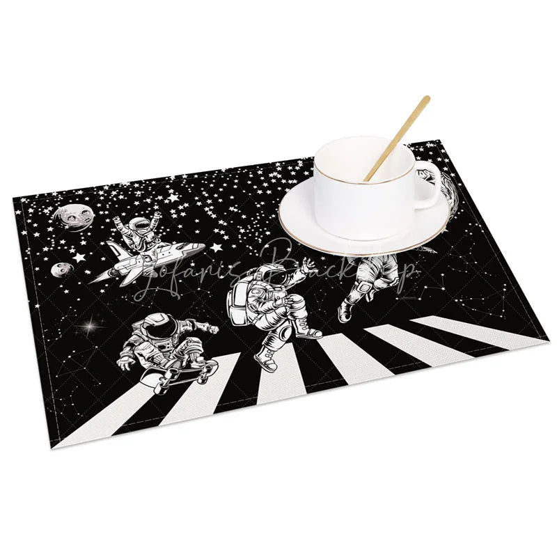 Lofaris Black and White Set of 4 Placemats with Astronaut Piano Keys for Music Space Themed Decor