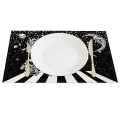 Lofaris Black and White Set of 4 Placemats with Astronaut Piano Keys for Music Space Themed Decor