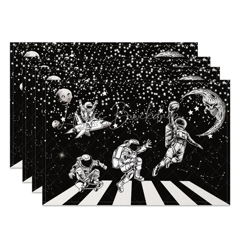 Lofaris Black and White Set of 4 Placemats with Astronaut Piano Keys for Music Space Themed Decor