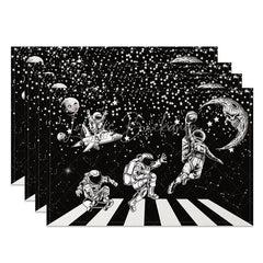Lofaris Black and White Set of 4 Placemats with Astronaut Piano Keys for Music Space Themed Decor